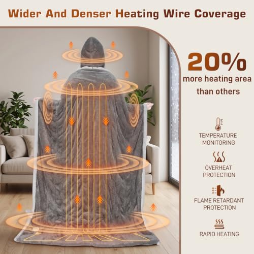 Wearable Heated Blanket with Foot Pocket & Detachable Hood - 8 Heat Settings