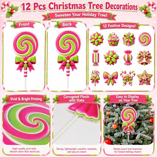 WHYMEO Classic Candy Christmas Tree Picks, 12 Pcs Peppermint Ornament Set