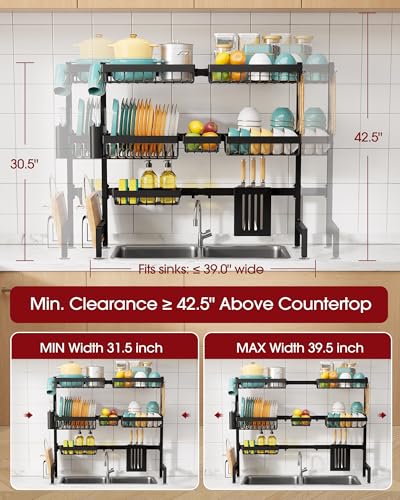 Black Ultra 6-Basket Over Sink Dish Drying Rack - Adjustable Stainless Steel Kitchen Organizer