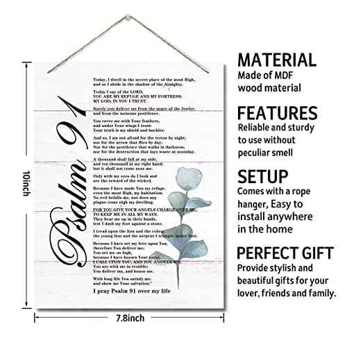 Psalms 91 Christian Inspirational Quote Decor Sign, Spiritual Wall Decor Sign, Hanging Printed Wall Plaque Wood Signs, Christian Bible Quote Print Biblical Verses Scripture Baptism Gift 10X7.8inch