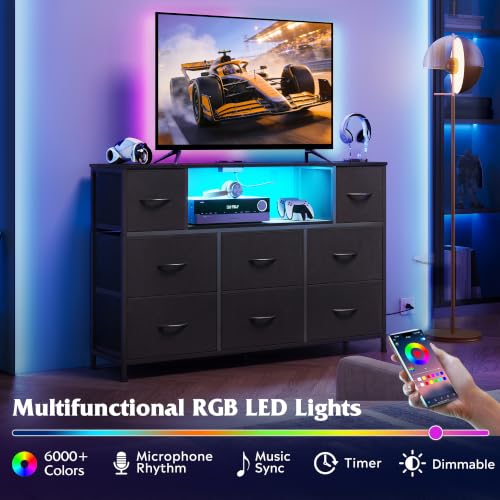 WLIVE LED Black Dresser TV Stand for 55 Inch TV, 8 Drawers