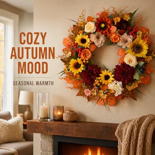 24 Inch Autumn Sunflower Fall Wreath for Front Door & Porch Decor