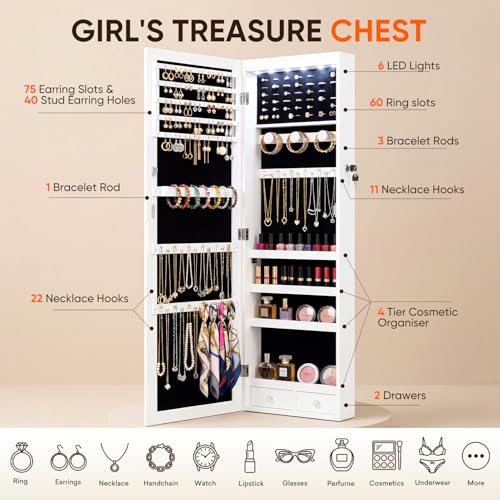Full-Length Wall-Mounted Jewelry Cabinet with Lock & LED Lights - White, 50"