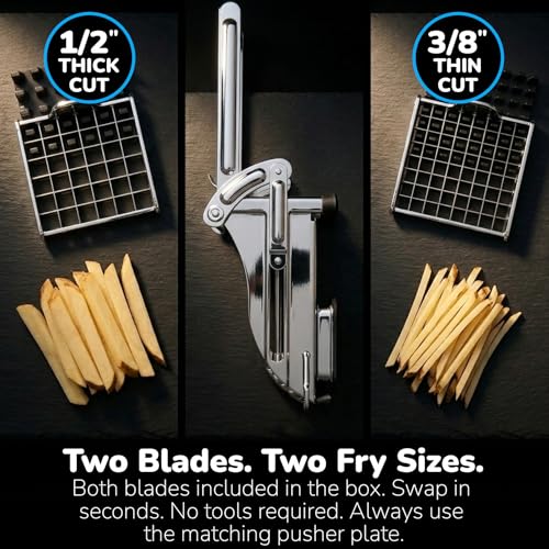 French Fry Cutter with 2 Blade Sizes - Commercial Stainless Steel Potato & Vegetable Slicer, Suction Base, Dishwasher Safe