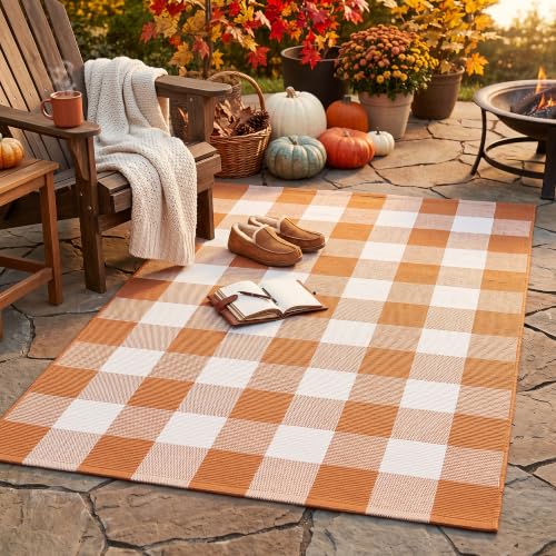 Caramel Buffalo Plaid Rug 3 x 5 ft for Entryway, Porch & Indoor Use - Farmhouse Style