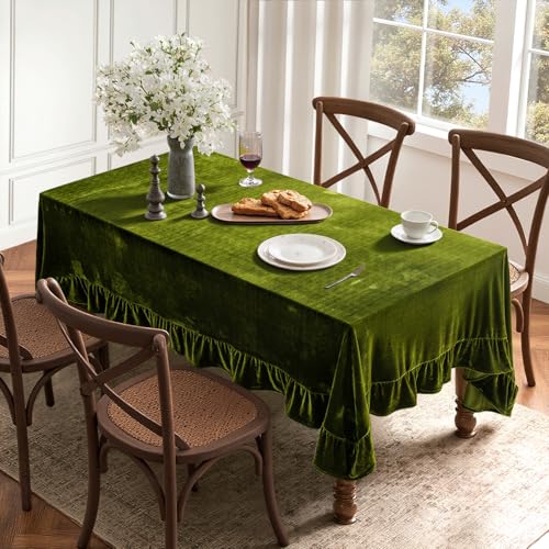 MIULEE Olive Green Velvet Ruffle Tablecloth 60x120 Inch for Holiday & Wedding