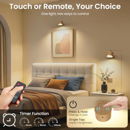 Rechargeable LED Wall Sconce with Remote - Wood Grain, 3 Brightness Levels, 360° Swivel - Wood-C