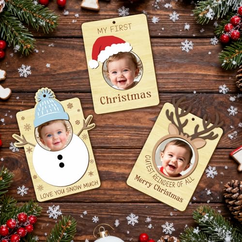 Xmas Baby First Christmas Wooden Photo Frame Ornaments Snowman Santa Reindeer - 3PCS