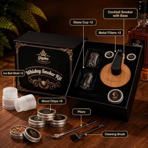 Whiskey Smoker Kit with Built-in Lighter & 6 Wood Flavors — Includes Glasses & Ice Molds