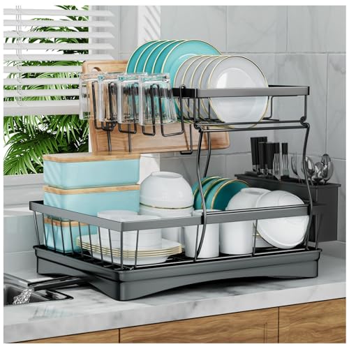 Large 2-Tier Dish Drying Rack with Drainboard - Black, Detachable Kitchen Counter Organizer