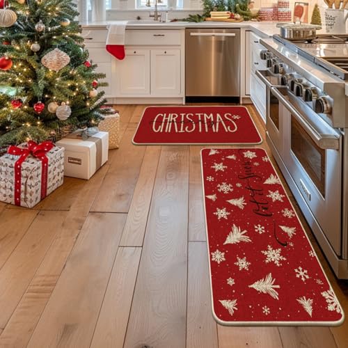 Artoid Mode Christmas Snowflake Kitchen Mats Set of 2 24x35 & 24x59 Inches Red