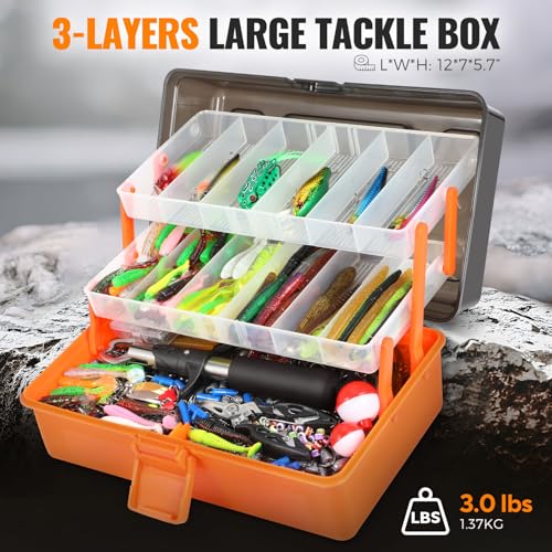 PLUSINNO 3-Layer Fishing Tackle Box Kit with 415 Pcs Lures & Accessories