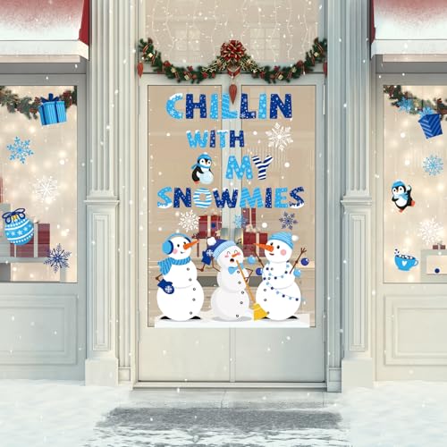 Winter Snowmen Door Sticker Set - 2 PVC Wall Decals 35.4 x 11.8 in, Blue Chillin With My Snowmies