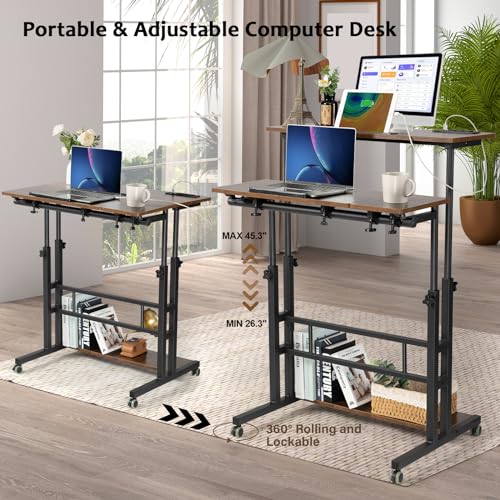 Hadulcet Adjustable Mobile Standing Desk with Charging Station - Rustic Brown, 31.5"