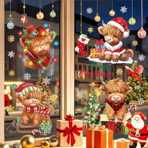 decalmile Merry Christmas Highland Cow Double Sided Window Clings Reusable Xmas Tree Gifts Snowflake Anti-Collision Glass Doors Window Stickers Decals