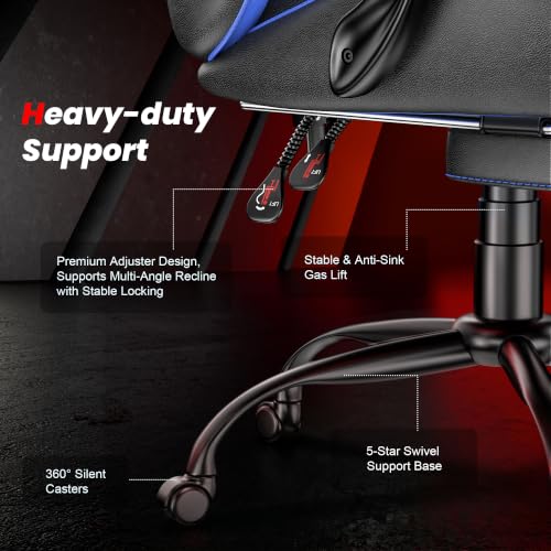 Blue Gaming Chair with Footrest, Ergonomic Video Game Chair for Adults