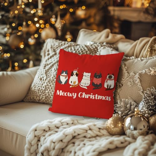Christmas Pillow Covers 18x18 Inch Cat Christmas Decor Pillowcase Red Xmas Throw Pillow Covers Home Sofa Living Room Decorative Cushion Case