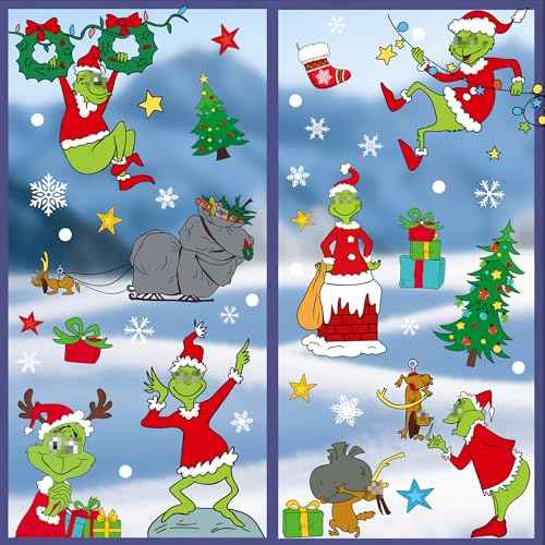 165 PCS Christmas Window Clings for Glass - Double-Sided Static Clings with Snowflakes, Gift Boxes, Stars & Trees, 9 Sheets Holiday Party Decor