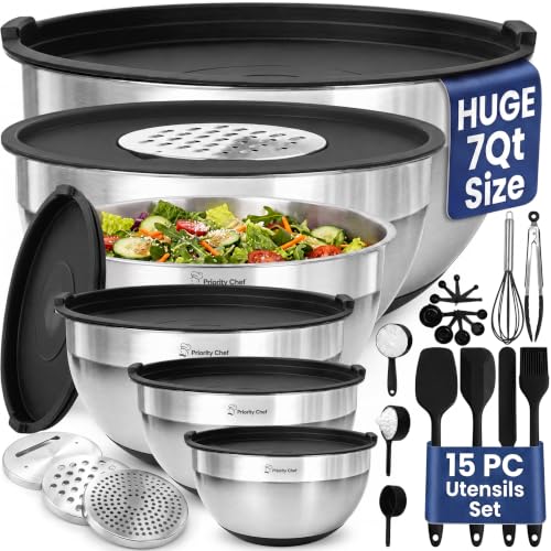 Priority Chef Black 6-Piece Stainless Steel Mixing Bowls Set with Lids, Large 7 Qt, Non-Slip Base & Utensils