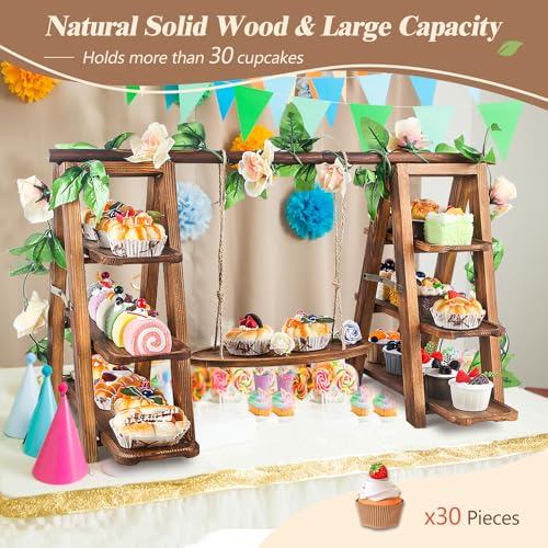 Wooden 3-Tier Cupcake Stand with Swing & Flower Decor - Brown