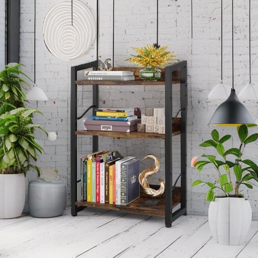 Rustic Brown 3-Tier Small Bookshelf Bookcase with Edge Protection