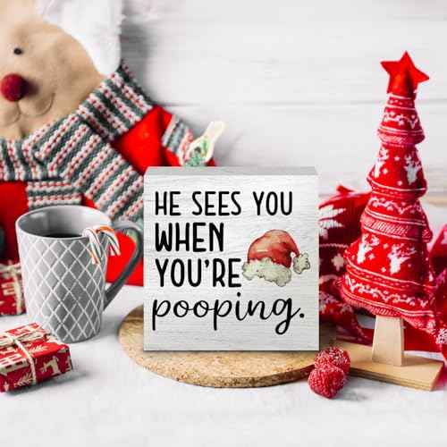 Funny Christmas Bathroom Wooden Box Signs, Christmas Bathroom Decorations, Funny Bathroom Decor, He Sees You When You're Pooping Wooden Signs for Bathroom Restroom Shelf Counter Decor, 5x5in