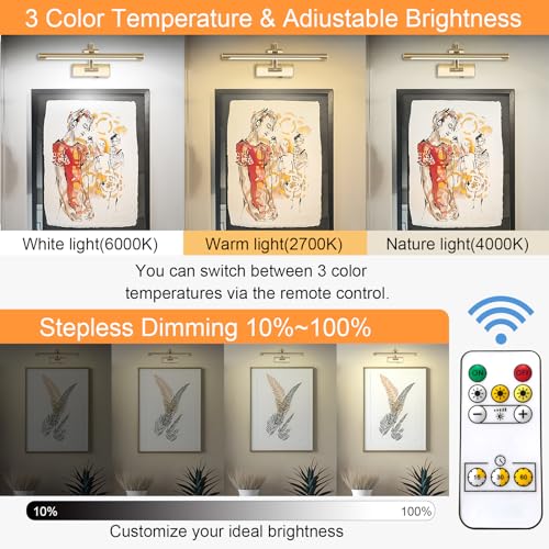 Tassuowell Brass 15.7-inch Wireless Dimmable Picture Light with Remote