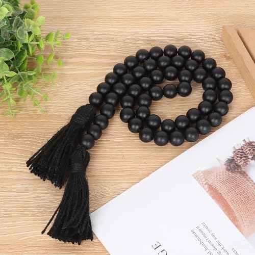 Wood Beads Garland with Tassels Farmhouse Rustic Prayer Boho Beads for Boho Home Decor, Wall Hanging Decoration (Black)