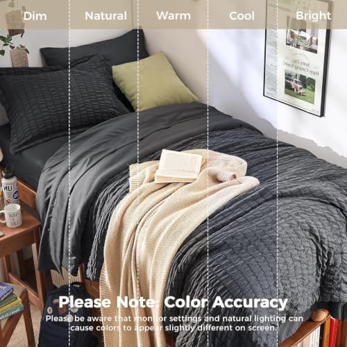 Twin XL Comforter Set 5PCS Seersucker Bedding in a Bag - Dark Grey, HYMOKEGE