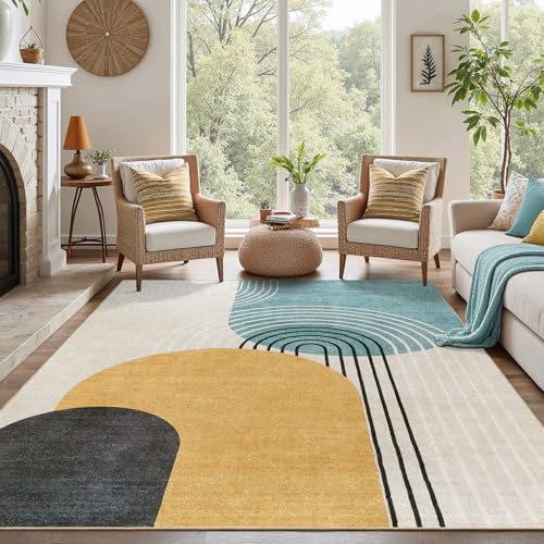 DCX 6' x 9' Blue & Yellow Washable Non-Slip Rug - Low Pile, Modern Design