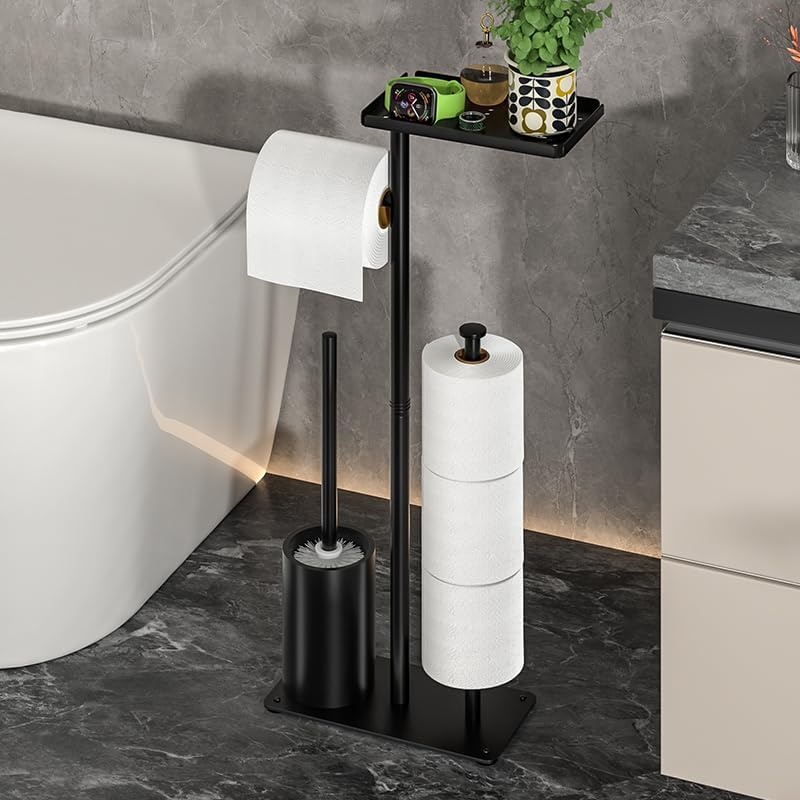 Skiennix Modern Bathroom Toilet Paper Stand - Black Metal Holder with Storage Shelf for 3 Mega Rolls | 24x12x60 Inches