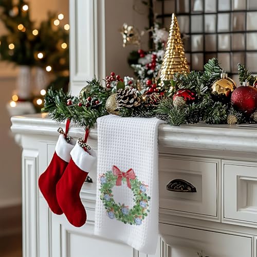White Chinoiserie Christmas Kitchen Towels 16x24in - Coquette Red Bow Wreath Hand Towels