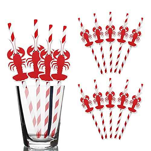 Lobster Paper Straws Decor-24 Pack of Crawfish Birthday Party or Christmas Paper Straws Supplies-Red and White Disposable Striped Paper Decorative Drinking Straws for Seafood Party Decorations