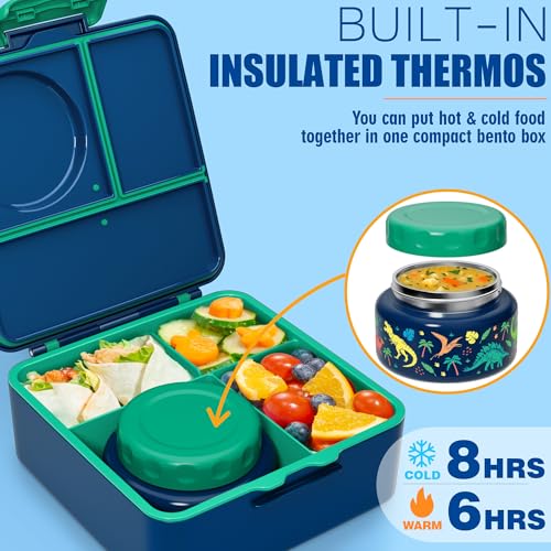 Kids Bento Lunch Box Set with Insulated Bag & Thermo Jar - Jungle Dinosaurs Variation A2