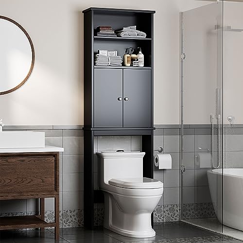 Over The Toilet Storage Cabinet - Bathroom Shelf with 2 Open Shelves & Door Cabinet - Black, Variation: 2 Open Shelves