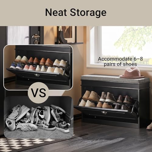 Haotian Shoe Storage Bench with Cushion - Black, 1 Drawer, 29.5x9.4x20"
