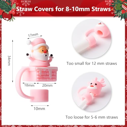 6Pcs Christmas Pink Straw Cover Cap for Stanley Cup 40oz/30oz Tumbler, 10mm Reusable Cute Drinking Straw Topper Accessories, Portable Protector Plugs Decorations Gifts for Party Christmas