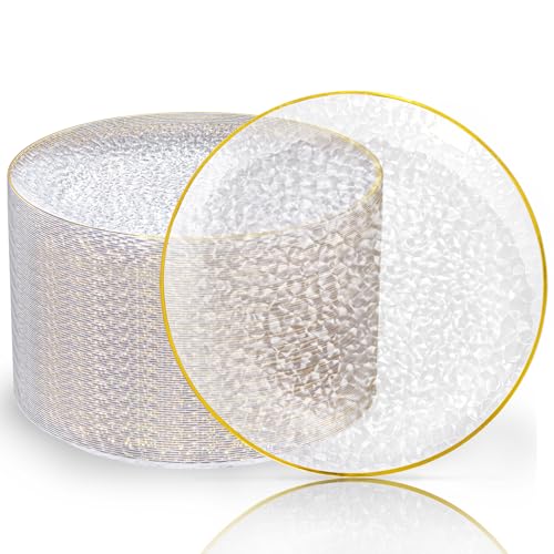Gold Plastic Dinner Plates 10 Inch - Hammer Pattern Disposable Plates - 100 Pack - Clear Gold Variation