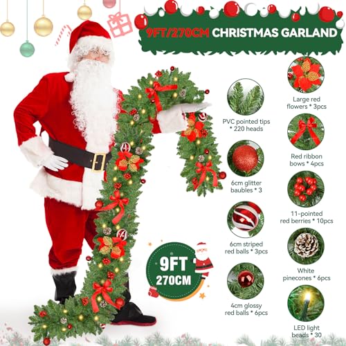 Sukaudiz 9FT Christmas Garland with Lights – Battery-Operated, Timer, Indoor/Outdoor