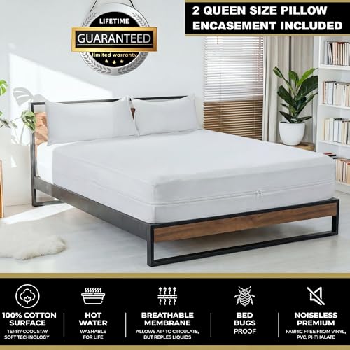 Cotton Zippered Bed Bug Mattress Cover Full Size 6-Sided Waterproof Encasement - Ultimate Bed Protection Kit