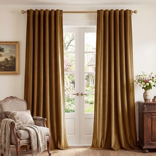 Gold Brown Velvet Curtains for Living Room - 52x96 Inches, Pack of 2, Boho Style