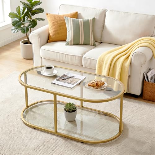 Gold 2-Tier Oval Coffee Table - Modern Glass & Metal Living Room Accent