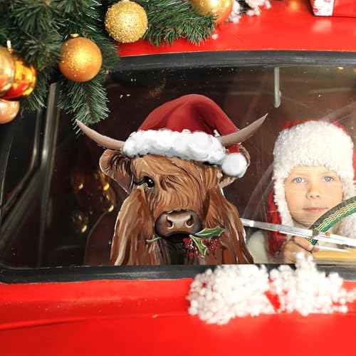 Christmas Window Clings Highland Cow Window Stickers Double-Side Glass Decals for Winter Xmas Farmhouse Home Party Supplies, 11.4 x 14.6 Inch, 4 Sheets