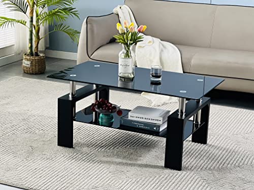 Black Living Room Coffee Table with Wooden Legs and Glass Top - 39.5 x 23.5 x 17.5 in
