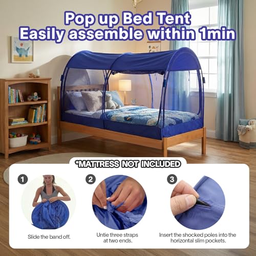 Mosquito Net Bed Canopy Twin Size Pop-Up Tent for Indoor & Outdoor Use - Mesh Navy, 39W x 75L Variation
