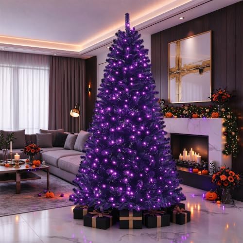 Facdiwok Full Black 6ft Artificial Halloween Christmas Tree with Purple LED Lights