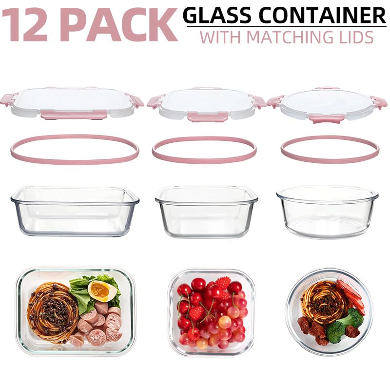 Pink Glass Storage Containers Set 12 Pack - Stackable Food Prep & Pantry Organizer