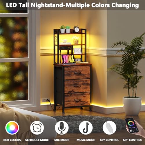 Furnulem 45.3-Inch Rustic Brown 3-Drawer Tall Nightstand with LED Lights & Charging Station