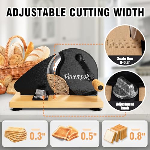 Vanerepok Manual Bread Slicer - Adjustable Thickness for Homemade Sourdough, Black & Large