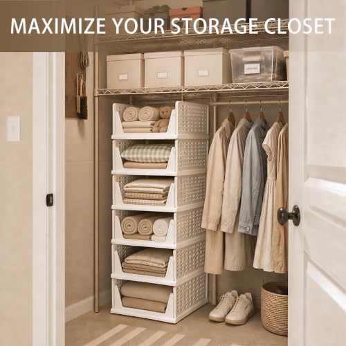 6 Pack Stackable Plastic Closet Organizer Bins - White, Large